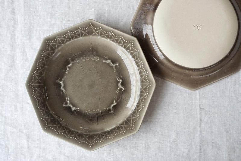 益子焼 Yoshizawa Pear Stone Gray Merry-Go-Round Octagonal Plate