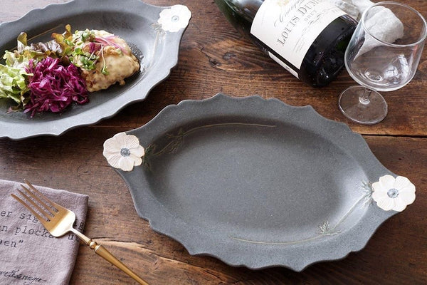 益子焼 Yoshizawa Charcoal Anemone Oval Plate