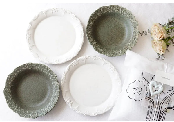 益子烧 White silver Motif round plate and Copper rust glaze Pansy soup plate set (2 pcs)