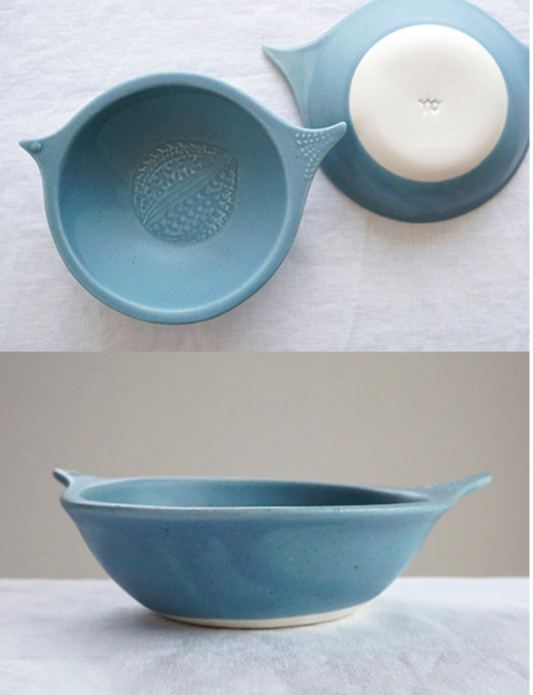 益子焼 Yoshizawa kiln Smoky Light Blue Gray Bird bowl