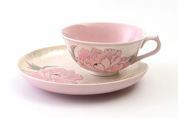 Shobido Iris hand-painted peony [tea bowl and plate] (pink)