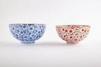 Shobido Cherry Blossom Husband and Wife  Rice Bowls, Blue and Red 樱花夫妻碗