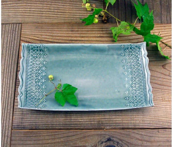 益子焼 Wakasama pottery French Lace Oblong Plate Gray Lace Pattern Scandinavian Style