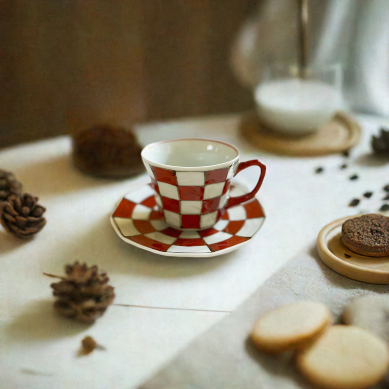 Arita Souta Kiln Checker Style Cup and Saucer Red