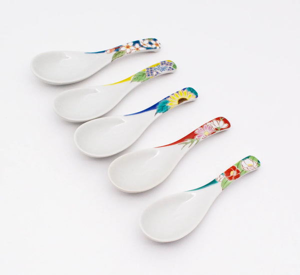 Kutani Ware Seikou Kiln Porcelain Spoon Set: Four Season Flowers 九谷焼 青郊窯 レンゲセット　四季の花