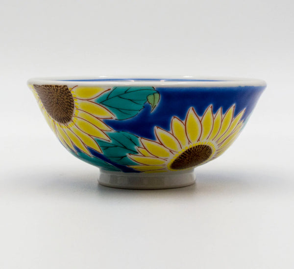 Kutani Ware Seikou Kiln Rice Bowl, Four Seasons Flower, Sunflower 九谷焼 青郊窯 色絵飯碗　四季の花　ひまわり