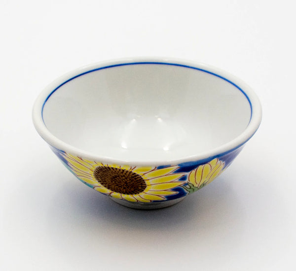 Kutani Ware Seikou Kiln Rice Bowl, Four Seasons Flower, Sunflower 九谷焼 青郊窯 色絵飯碗　四季の花　ひまわり