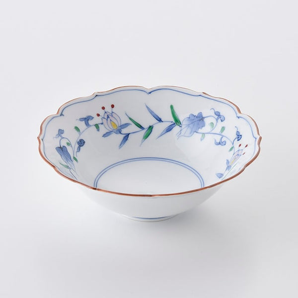 Korin Kiln Dyed Nishiki Curled Grass and Kikyo Bowl 染錦洋唐草（小）桔梗渕京鉢