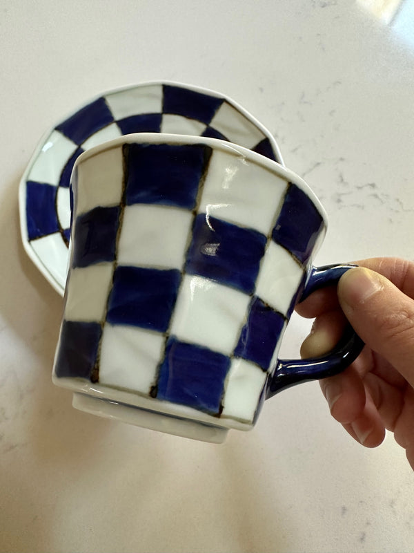 Arita Souta Kiln Checker Style Cup and Saucer Blue