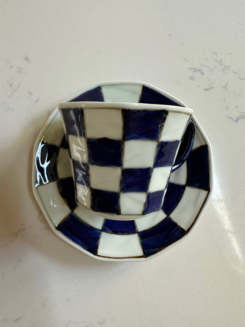 Arita Souta Kiln Checker Style Cup and Saucer Blue