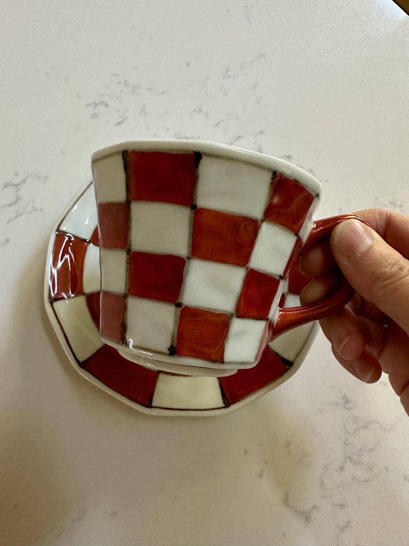 Arita Souta Kiln Checker Style Cup and Saucer Red