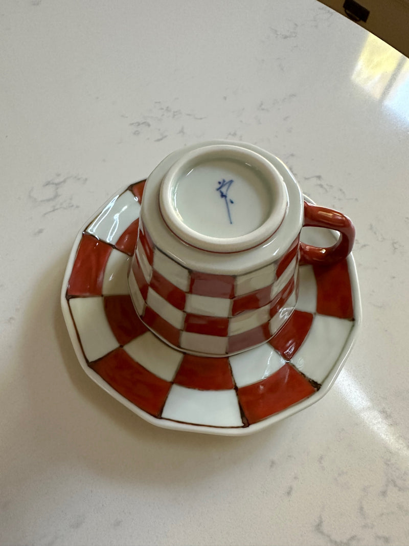 Arita Souta Kiln Checker Style Cup and Saucer Red