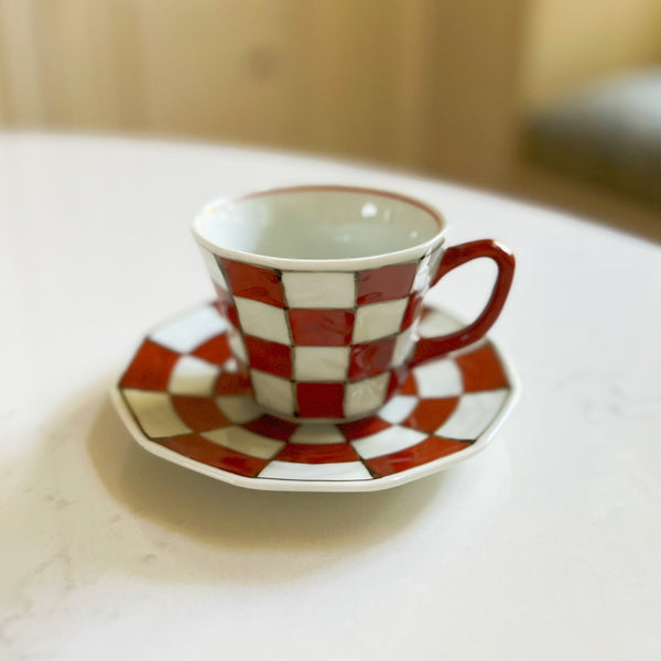 Arita Souta Kiln Checker Style Cup and Saucer Red
